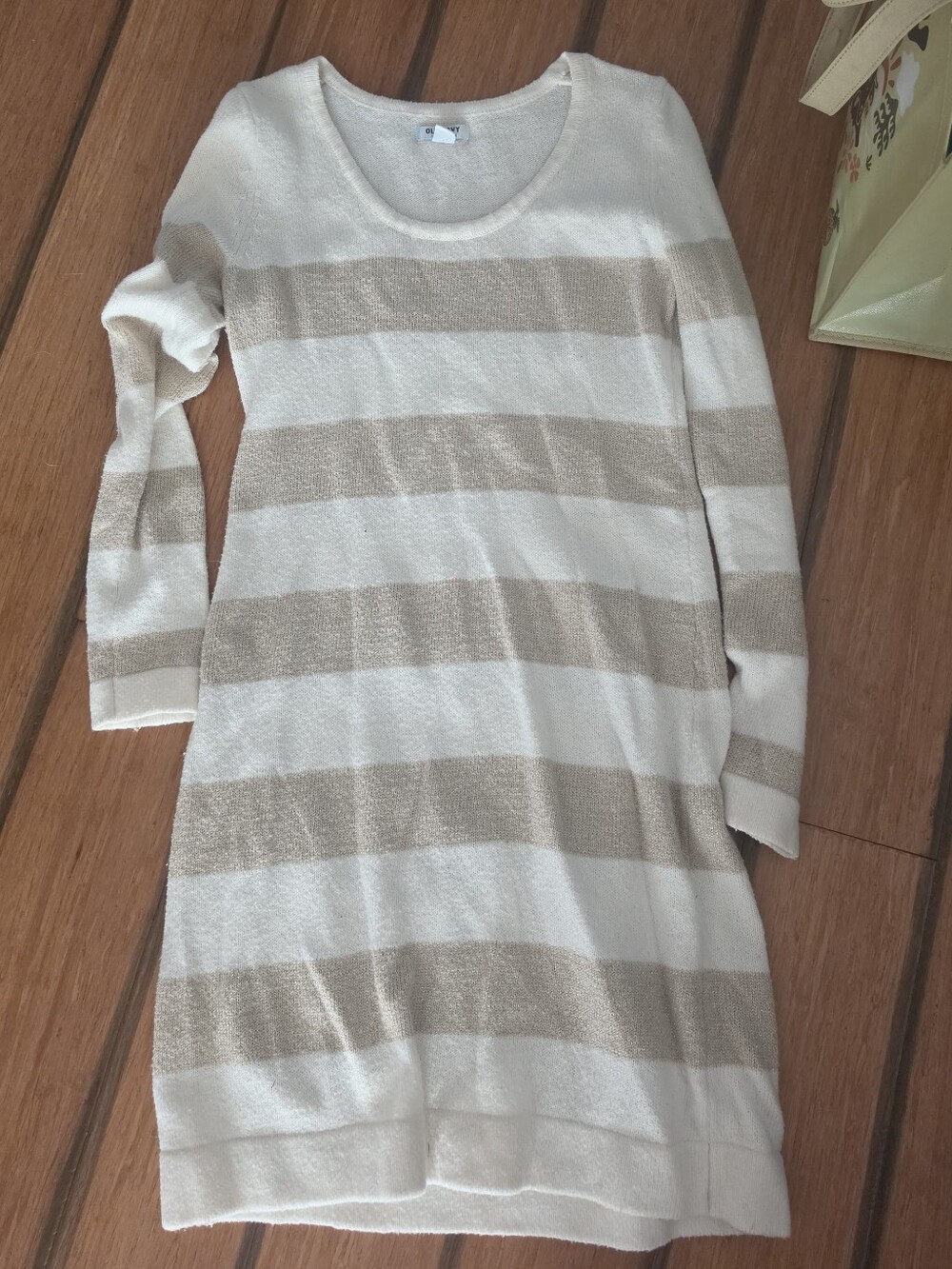 Old Navy Cream and Tan Striped Scoop-Neck Sweater Dress